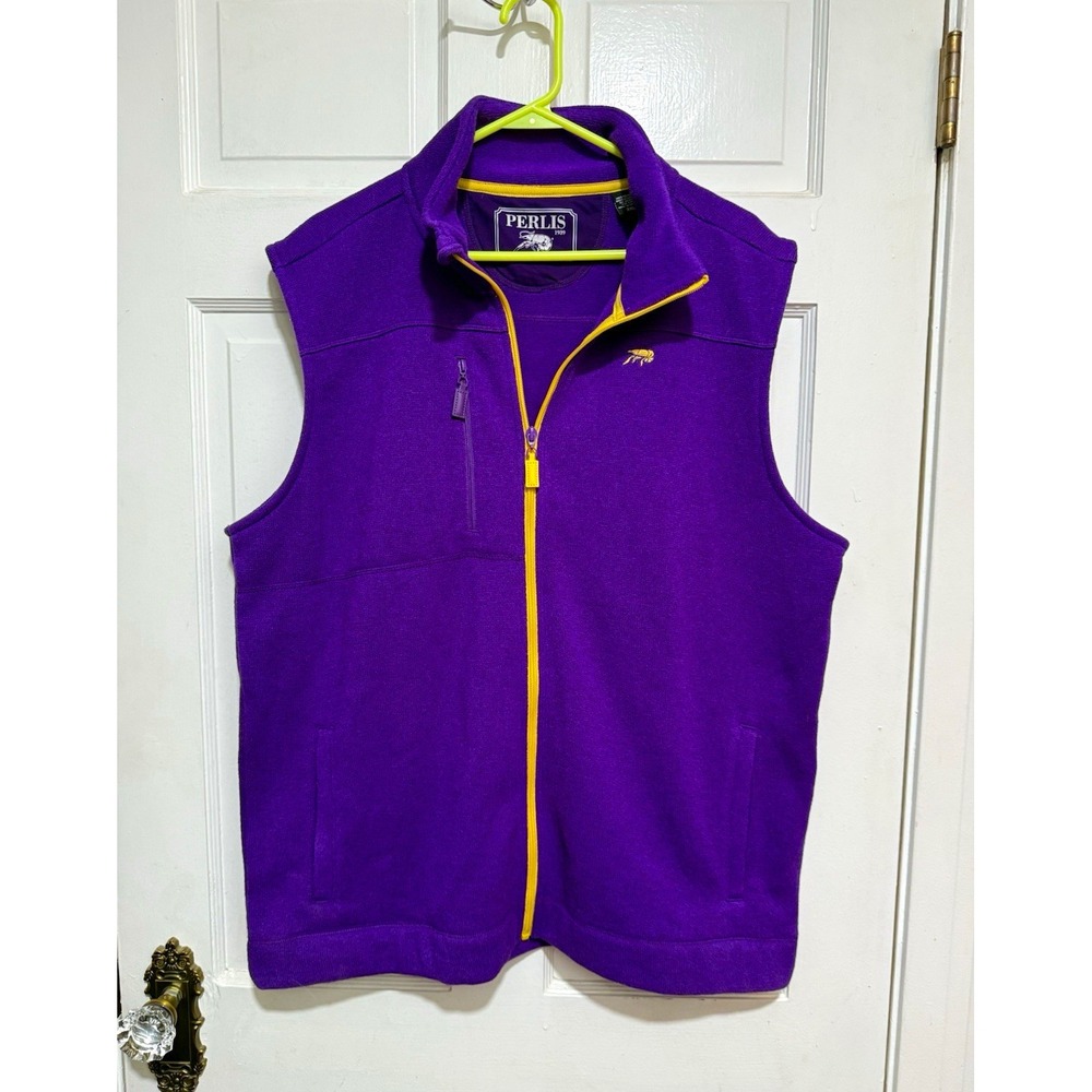 Perlis Mens Full Zip Vest LSU Mardi Gras Purple Yellow Size 2XL Crawfish